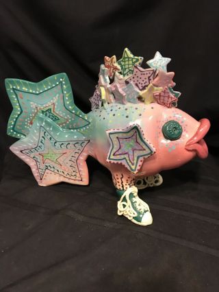 Early Rare Signed Large Pottery Fish By Janet Verdegem - Outsider Art Dated 1991