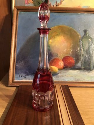 Val St Saint Lambert Emerald Cranberry Cut To Clear Crystal Decanter Wine Bottle