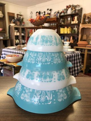 Vintage Pyrex Butterprint Set Of 4 Cinderella Nesting Mixing Bowls 441 - 444