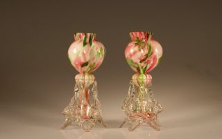 Set Of 2 Vintage Czech Glass End Of Day Spatter Vases Aventurine C.  1900