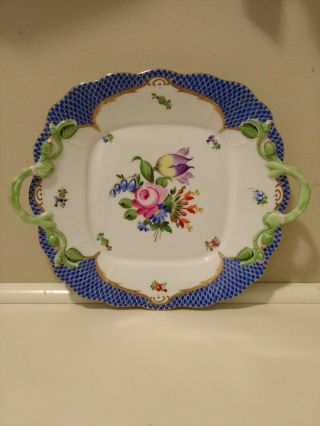 Herend Square Handled Cake Plate Printemps Blue Border