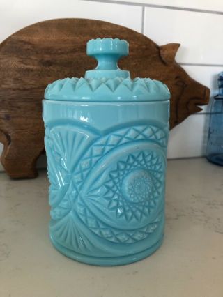 Imperial Glass Blue Milk Glass Cookie Jar Biscuit Jar With Lid Hobstar