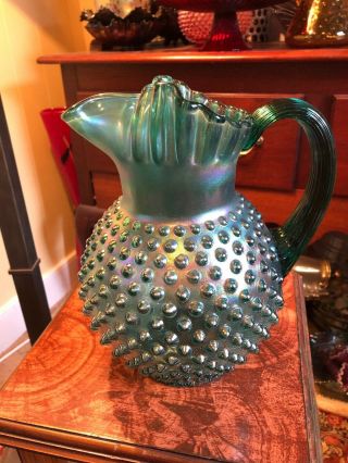 Fenton Green Hobnail Carnival Pitcher With Ice Lip Made For Qvc 1995