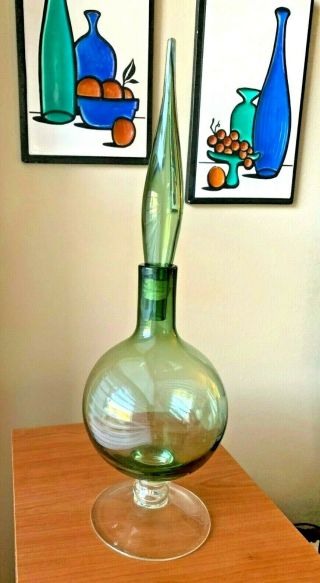 Set Of 3 Mcm Decanters.  Hand Blown Glass.  Green.
