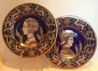 Antique Italian Majolica Luster Pottery 12.  25” Portrait Plates Cobalt
