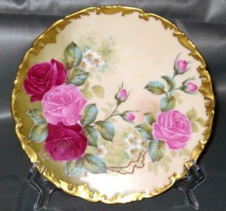 Antique T&v Limoges Hand Painted Roses Cabinet Plate Gold Signed " Leroy "