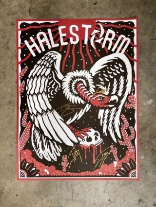 Signed Halestorm Band Poster: Red And Black With A Vulture Holding A Skull
