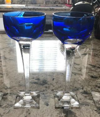 (2) Moser Dark Blue Clear Hock Wine Glass Goblet Bristol Pattern 8 1/2 "