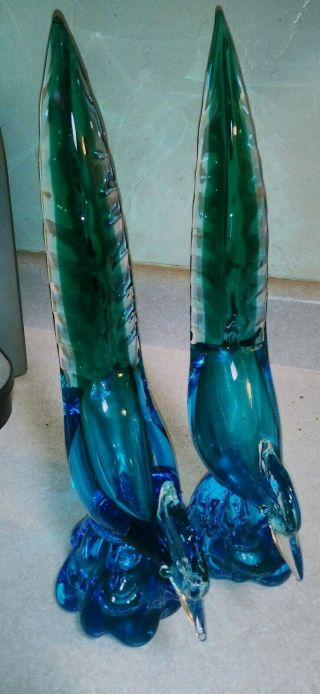 Vintage Murano Blown Glass Pheasants Venetian Italy Blue Green 14 " Tall