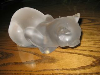 Lalique " Chat Couche " Frosted Crystal Glass Cat Sculpture Figurine Ears Chipped