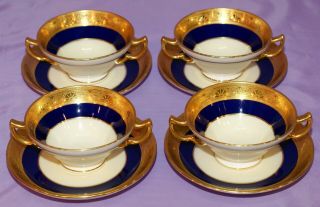 4 Mintons Tiffany & Co Cobalt Blue Heavy Gold Gilt Cream Soup Bowl And Saucer