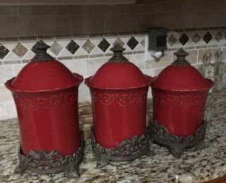Chris Madden Corvella Red Canister Set With Metal Base Set