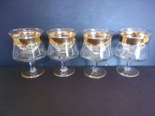 Mid Century Modern Dorothy Thorpe Gold Band 4 Shrimp Cocktail Glasses W/ Liners