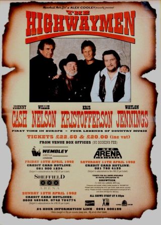 The Highwaymen 1992 Uk Tour Concert Poster / Waylon Jennings / Johnny Cash