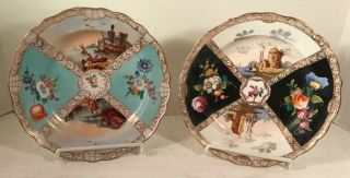 (2) Antique Meissen Germany Hand Painted Quatrefoil Scenic Watteau Panels Plates