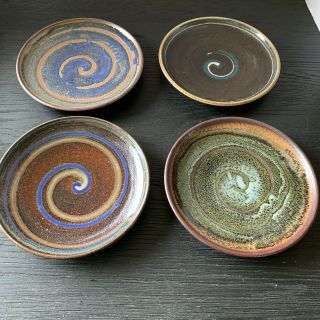 Set Of 8 Northwest Studio Pottery Hand Made Plates Swirl Designs Signed