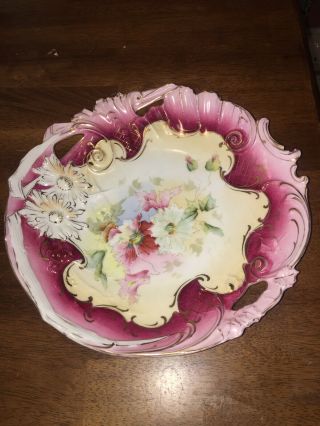 Antique R S Germany Prussia Pink Floral Rose Embossed Cake Plate Unmarked Ec