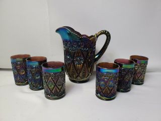 Imperial - Diamond And Lace Rare Carnival Glass Pitcher & Six Tumblers