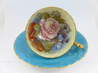 Aynsley Cabbage Rose Teacup On Blue By Joseph Bailey (1937 - 1974)