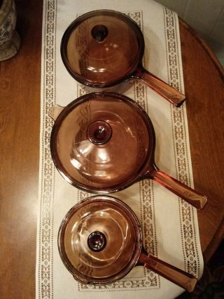 Corning Visions Amber Cookware 6 Piece Set Saucepans 1l,  1.  5l,  2.  5 L / Lids
