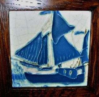 Rookwood Pottery Carved Sailing Ship Blue Art Tile Arts & Crafts Frame