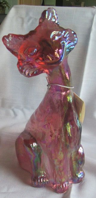Large 11” Fenton Art Glass Winking Alley Cat Pink Iridescent Glass
