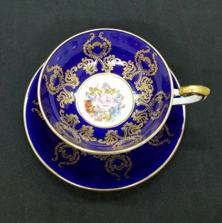 Vintage Aynsley Ja Bailey Painted Cabbage Rose Blue Gold Ornate Footed Tea Cup