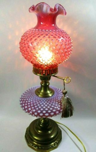 Fenton Cranberry Opalescent 18 1/2 " Hobnail Lamp 804394 With Ruffled Shade