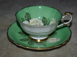 Vintage Paragon Large White Cabbage Rose On Green Tea Cup & Saucer Dw Queen Mary