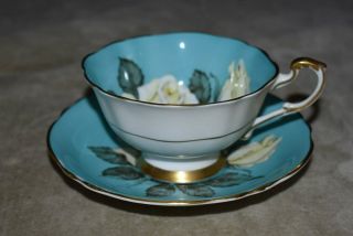 Paragon English Fine China Turquoise Large Cabbage Rose Teacup & Saucer W/gold
