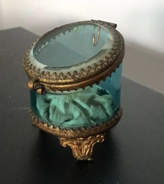 Antique French Ormolu And Blue Bevelled Glass Watch Jewellery Casket Box