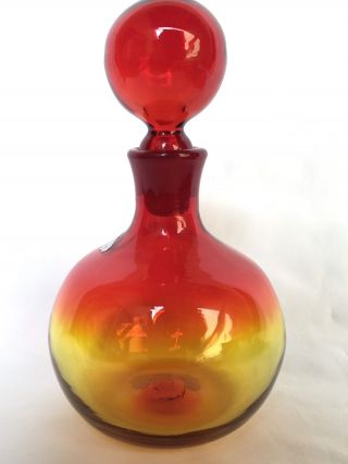 Mid Century BLENKO Glass Decanter Tangerine Amberina with Blenko Label 2