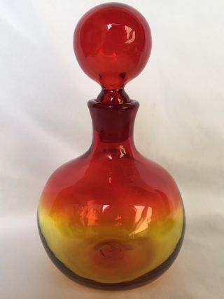Mid Century BLENKO Glass Decanter Tangerine Amberina with Blenko Label 4