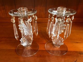 Two Fostoria Plume Feather Candlesticks W/bobeche And 8 Prisms