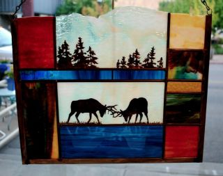 Stained Glass Window Panel Elk Trees Wilderness Mountain Blue Reflection