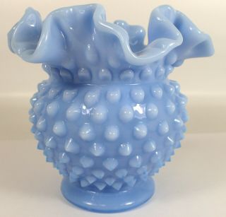 4 1/2 " Vtg Fenton Hobnail Pastel Blue Art Glass Ruffled Edge Ball Vase
