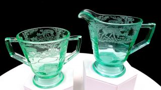 Paden City Regina Black Forest 4 " Green Vaseline Glass Creamer & Sugar 1925