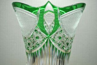STUNNING VINTAGE LARGE EMERALD GREEN CUT TO CLEAR CRYSTAL VASE 3