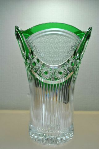 STUNNING VINTAGE LARGE EMERALD GREEN CUT TO CLEAR CRYSTAL VASE 5