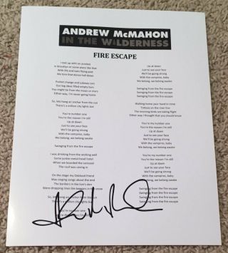 Andrew Mcmahon In The Wilderness Signed Autograph Fire Escape Lyric Sheet Wproof