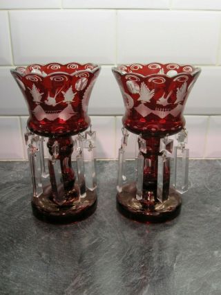 Stunning Pair Antique Vintage Ruby Glass Etched Mantle Lustre Vases