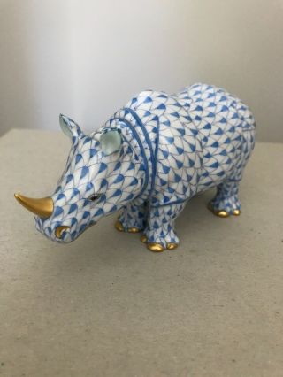 Herend Porcelain Rhino Figurine Blue Fishnet