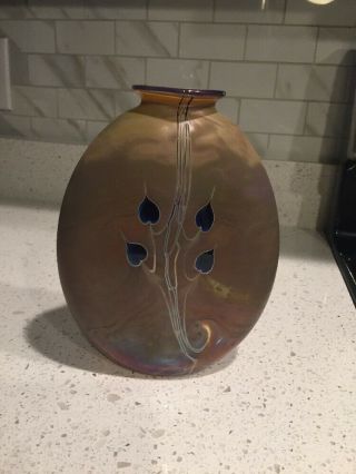 Vintage Craig Zweifel Hearts & Vines Iridescent Glass Vase Signed