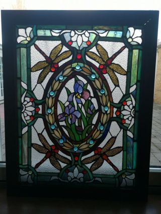Stained Glass Window Panel Dragonfly & Iris Flowers 22 " X28 " Framed