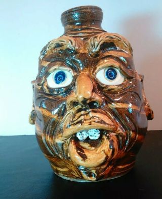 Vintage Folk Art Striped Ugly Face Jug By Dwayne L.  Crocker 2001 Gillsville Ga.