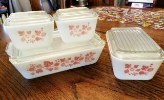 Pyrex Gooseberry Vintage White & Pink 8 Pc Refrigerator Dishes 2