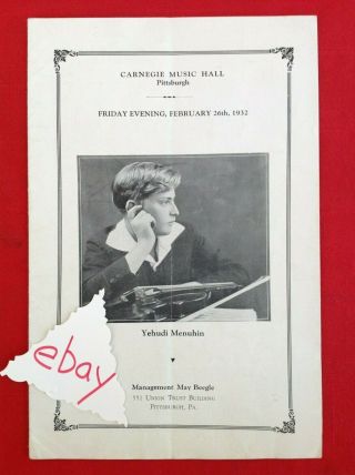 2/26/1932 Yehudi Menuhin Carnegie Music Hall B Program Pittsburgh