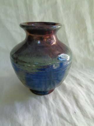 Small Blue & Copper Iridescent Raku Vase Signed Art Pottery