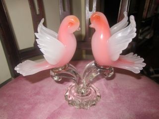 Vintage Authentic Murano Art Glass Pink Love Birds On Brunch