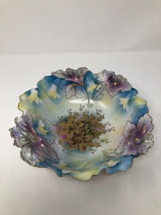 Rs Prussia Carnation Tiffany Iridescent Purple Flowers Bowl 10 3/8 " Marked